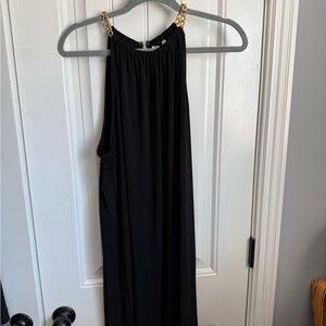 Michael Kora Black Mini Dress with Gold Chain Straps